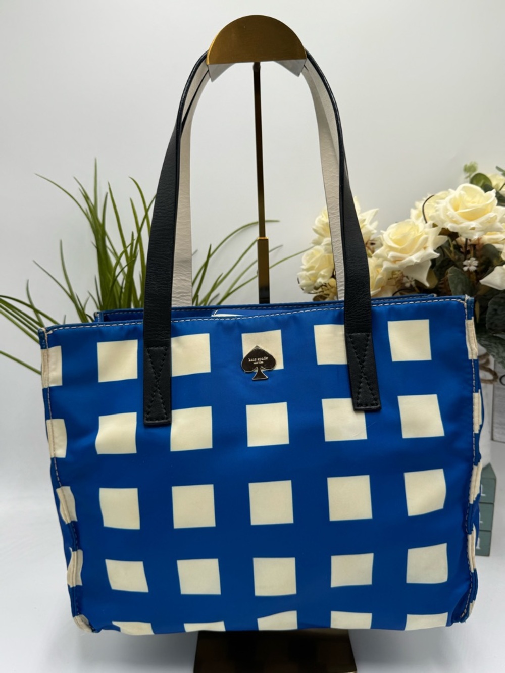 Kate Spade RARE Storybook Lining Tote Blue & White Gingham Checkered Nylon